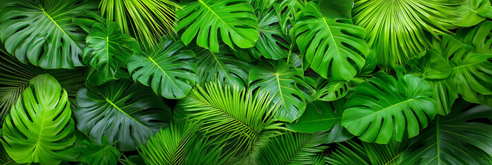 Group background of dark green tropical leaves ( monstera, palm, coconut leaf, fern, palm leaf,bananaleaf) Panorama background. concept of nature
