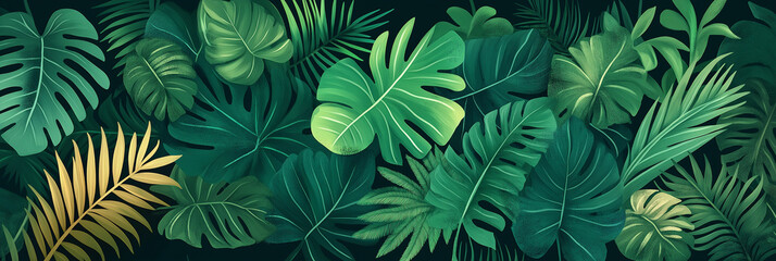 Group background of dark green tropical leaves ( monstera, palm, coconut leaf, fern, palm leaf,bananaleaf) Panorama background. concept of nature
