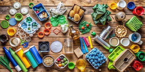 Aerial View: Recycled & Upcycled Materials Organized on Wood