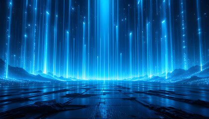 Illuminated landscape with blue light beams creating a futuristic atmosphere at night