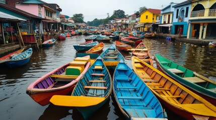 Obraz premium Vibrant Canal City with Colorful Boats