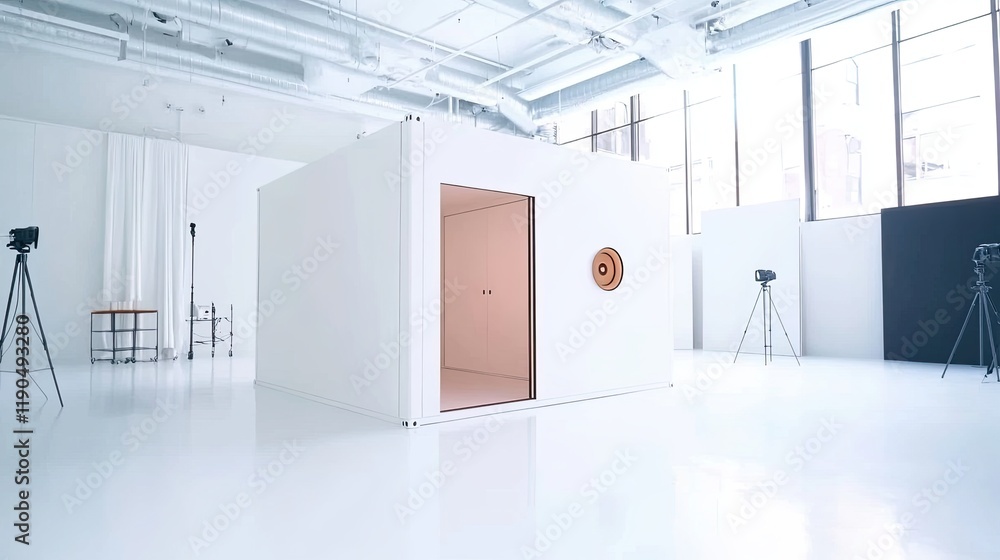 Poster minimalist studio setting featuring a pristine white container with cinematic ambiance