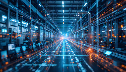 Advanced technology enhances productivity in a modern warehouse environment with glowing digital connections