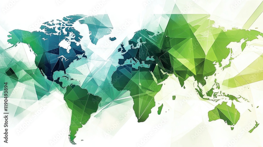 Poster geometric world map concept using triangles in vibrant shades of green and blue on a white canvas