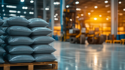 A close-up of cement bags stacked on pallets in a clean warehouse, with metallic tools and heavy machinery subtly blurred in the background.
