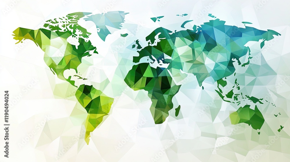 Poster Triangle-based Geometric Map of Continents in Green and Blue on a White Background