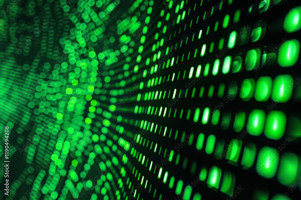 Poster a close-up view of flickering green pixels on a black background, creating a digital and abstract pa