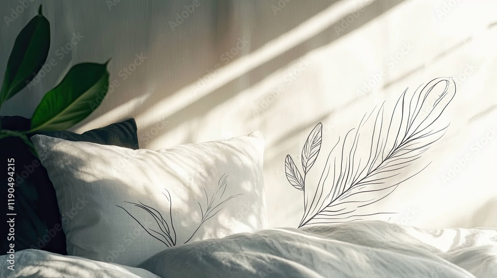 Poster minimalist black line drawing of a pillow with delicate feathers on a serene white canvas