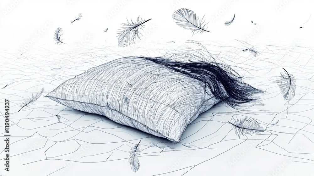 Aufkleber minimalist black line drawing of a soft pillow surrounded by delicate feathers on a white canvas