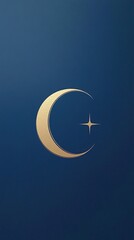 Elegant Crescent Moon and Star Design Showcasing a Smooth Gold Finish Against Deep Blue Background