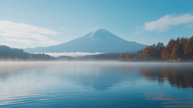 Meple leave in finger with Mt.Fuji background.