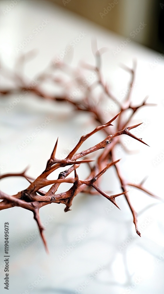 Poster Crown of Thorns on a White Surface Highlighting Intricate Details of Sharp Edges and Textures