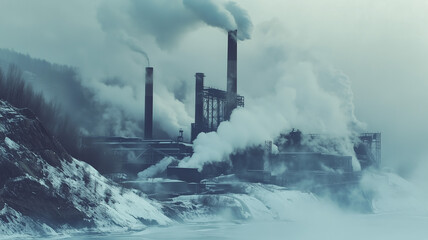 Fototapeta premium A close-up of a coal-fired power station with heavy steam rising from the stacks, frost on nearby structures, and snow blanketing the area. Ai generated