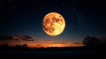 Fototapeta premium A mesmerizing image of a full orange moon illuminates a starlit night sky with a dark silhouetted landscape below