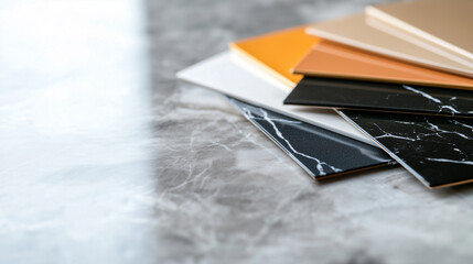 A selection of high-quality ceramic tiles in a fan pattern on a luxurious marble surface, featuring an array of vibrant colors and intricate textures, illuminated by soft natural l