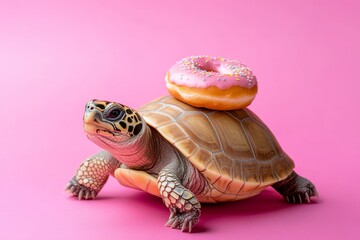 Adorable turtle featuring a donut on its shell, set against a vibrant pink background for charm