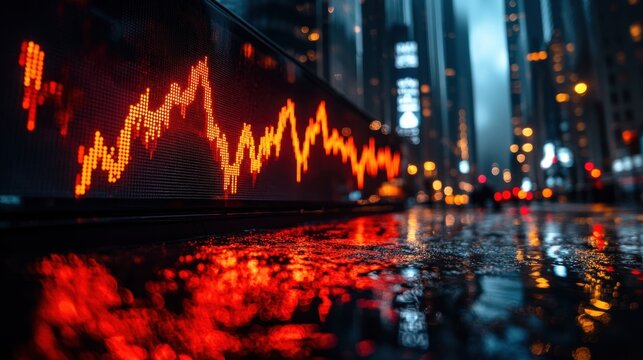 Stock market graph displayed on a city street at night, reflecting in a rain-soaked surface. - Powered by Adobe
