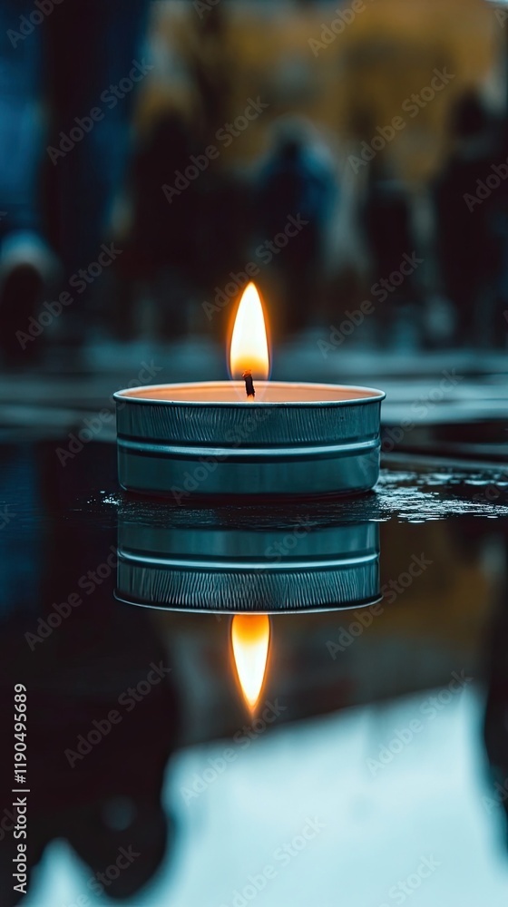Aufkleber light dances on a candles flame, reflecting on smooth black surface in a serene setting