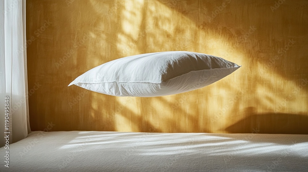 Poster pillow captured in mid air against a soft gradient backdrop during a moment of playful levity