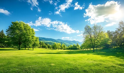 Obraz premium Beautiful landscape with grass, trees, mountains and blue sky. Green field on the horizon Panoramic green field landscape view