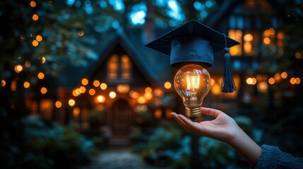 Celebrating graduation with positivity using a light bulb symbolizing ideas near a charming house in a colorful outdoor setting