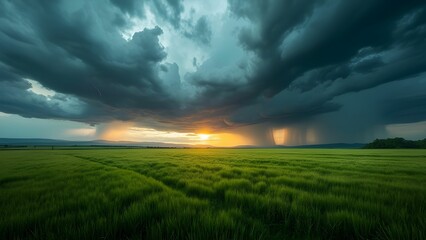 Dramatic sunset over green field with storm clouds and rain showers