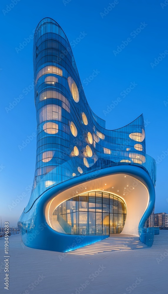 Poster modern architecture strikingly illuminated blue facade of a unique building at twilight.