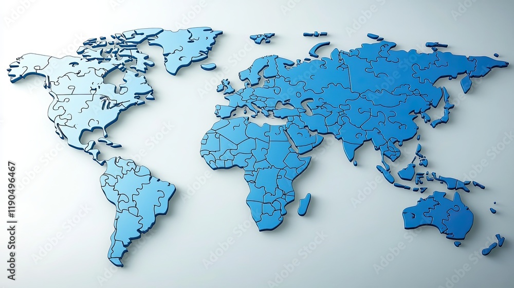 Poster exploring the abstract puzzle of the world map in tranquil blue hues