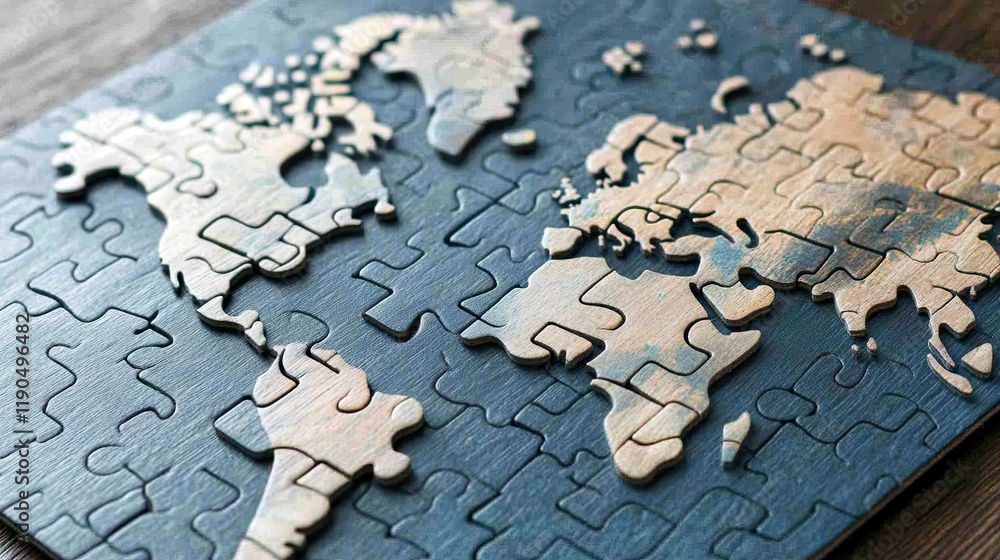 Poster intricate puzzle world map exhibits artistry and global connection in an abstract design
