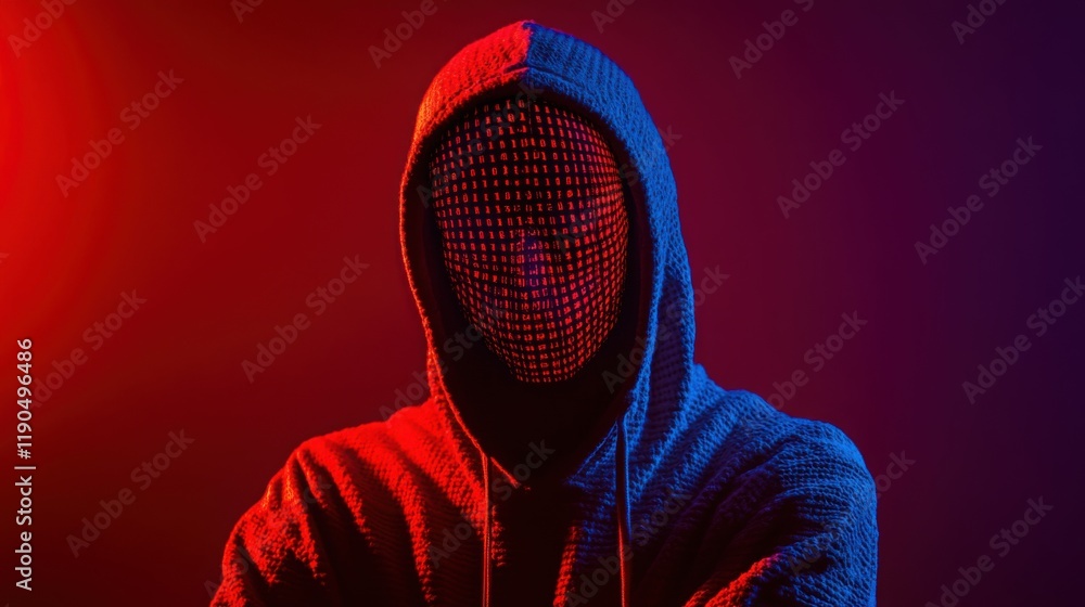 Poster mysterious figure with a digital mask in a colorful lighting environment