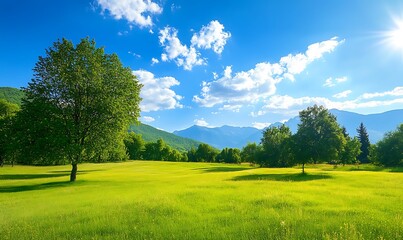 Beautiful landscape with grass, trees, mountains and blue sky. Green field on the horizon Panoramic...