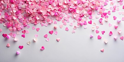 Colorful pink confetti pieces scattered on a white background with delicate paper hearts floating above it, paper hearts
