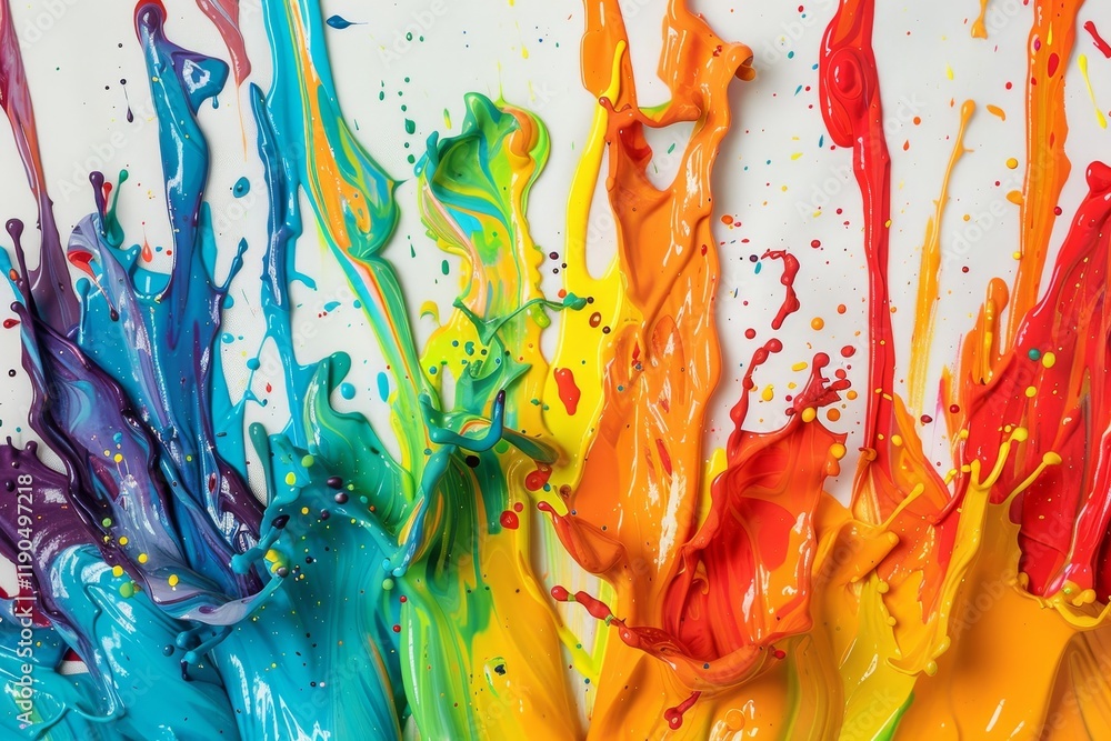 Poster vibrant paint splashes in various hues create a dynamic and playful composition on a white backgroun