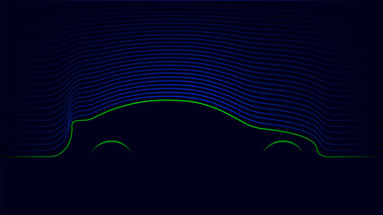 Silhouette of a car formed by line on a dark background. Blue curved lines show aerodynamic flow.