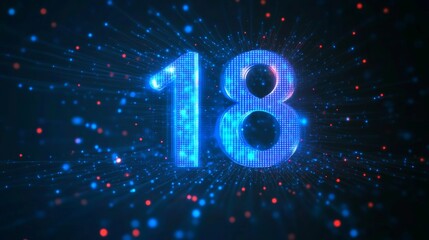 Glowing Blue Digital Number 18 On Futuristic Particles Background For 18Th Anniversary Concept