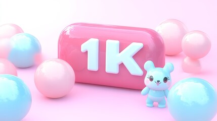 3D Render of Pink 1K Social Media Notification With A Cute Teddy Bear, Sign And Pastel Balls