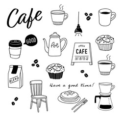 手描きのカフェイラストセット_線画
