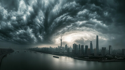 A dramatic view of Shanghai&rsquo;s skyline under swirling storm clouds, with faint sunlight breaking through the gloom and reflecting on the Huangpu River. Ai generated