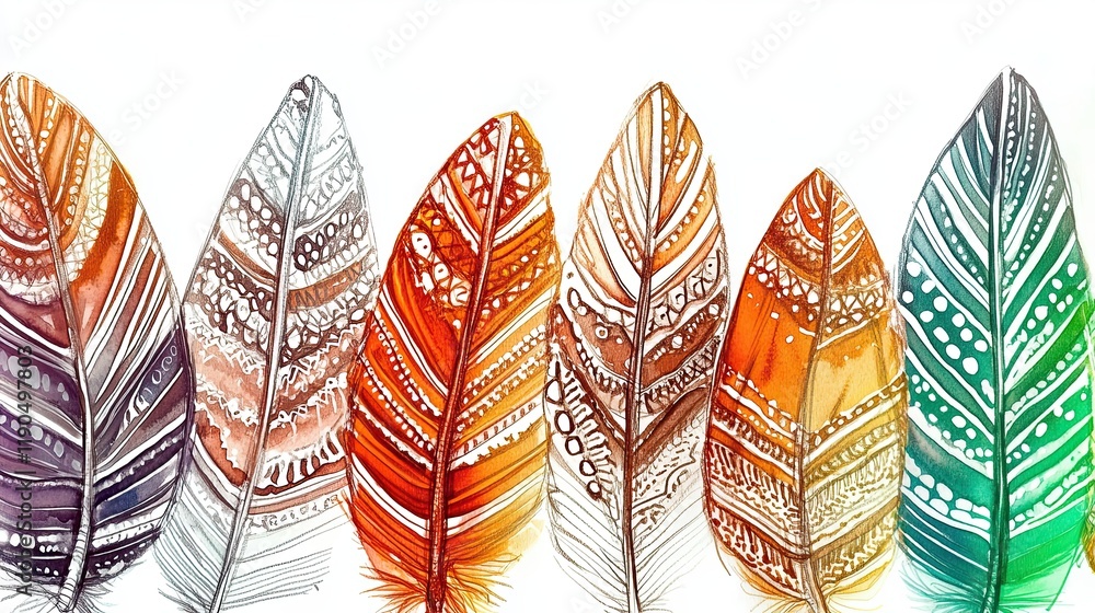 Aufkleber vibrant hand drawn boho style bird feathers in intricate watercolor patterns