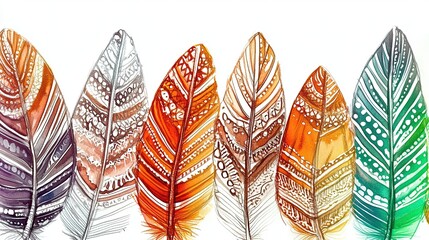 Vibrant Hand Drawn Boho Style Bird Feathers in Intricate Watercolor Patterns