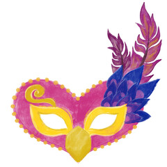 Pink blue carnival mardi gras brazilian mask isolated on white illustration doodle hand drawn watercolor crayon style painting digital sticker clipart png transparent greeting card cutout decoration