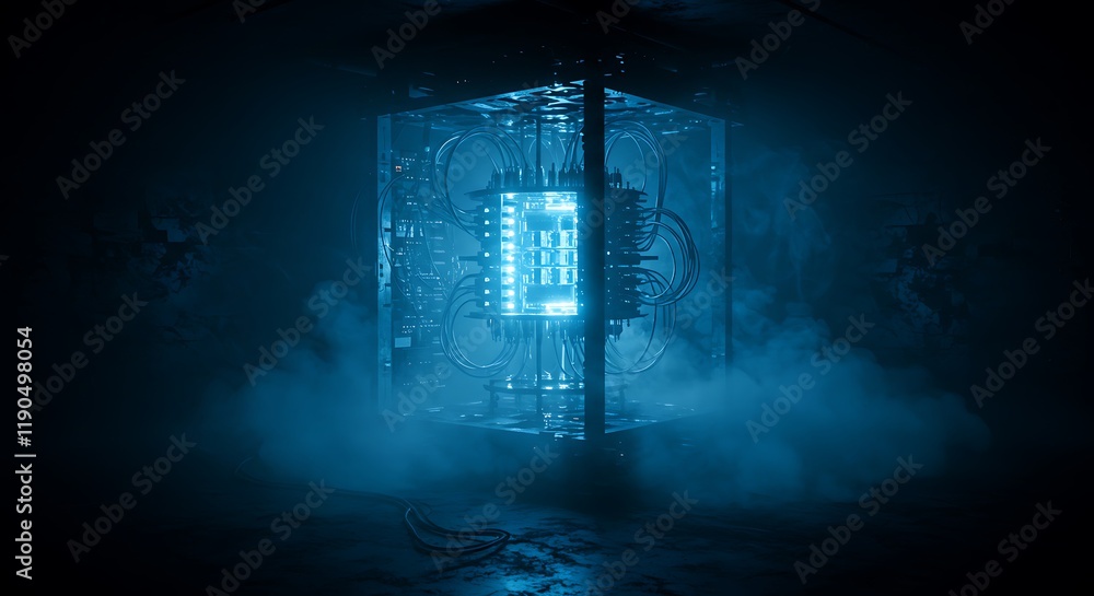 Poster an ai quantum computer glows eerily in swirling mist, its advanced technology radiating an unsettlin