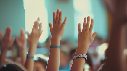 A heartwarming image of children raising their hands eagerly to answer questions in the classroom. Generative AI