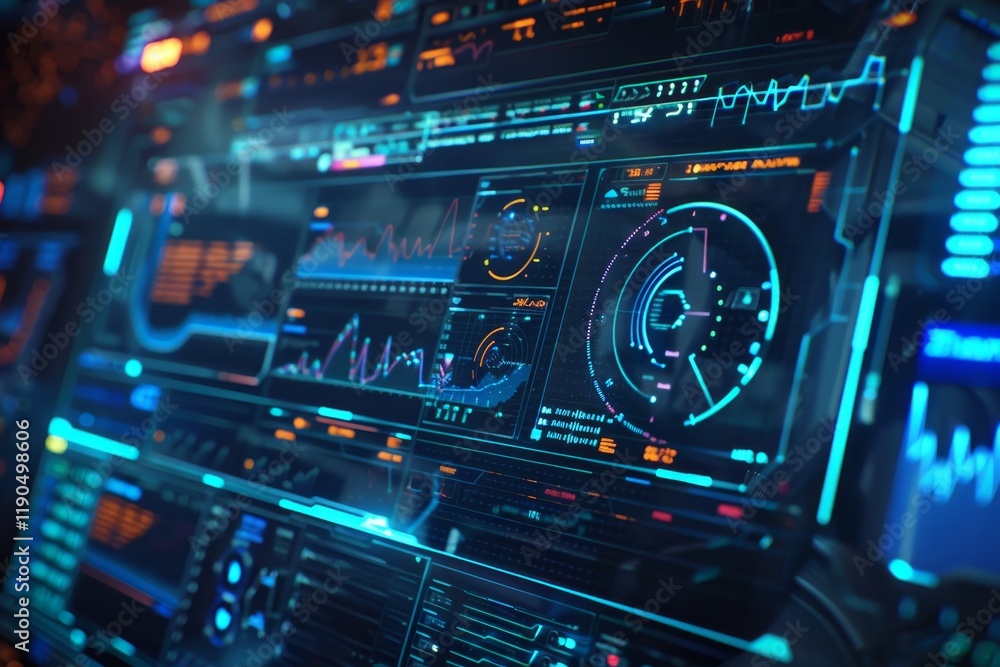 Poster a close-up shot of a futuristic holographic interface displaying complex data, featuring graphs, cha