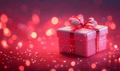 Fototapeta premium Glowing and glittering pink gift box on a red background with red hearts, valentine's day style. Bokeh light. Copy space for text. Banner. 