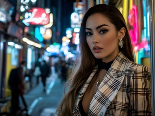 Obraz premium Stylish Woman in City at Night Neon Lights Fashion Portrait