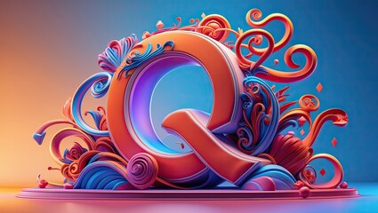 Letter Q  surrounded by ornate decorative and  ornamental shapes