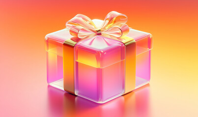 Fototapeta premium Glowing pink and yellow glass gift box on a red and pink background. Valentine's Day style. Bokeh lights. Space for text. Banner. Neon style.