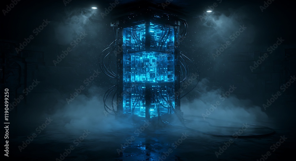 Poster an ai quantum computer glows eerily in swirling mist, its advanced technology radiating an unsettlin