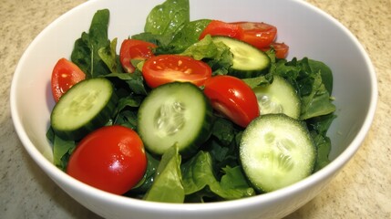 Fresh Green Salad with Cucumbers and Cherry Tomatoes in Bowl